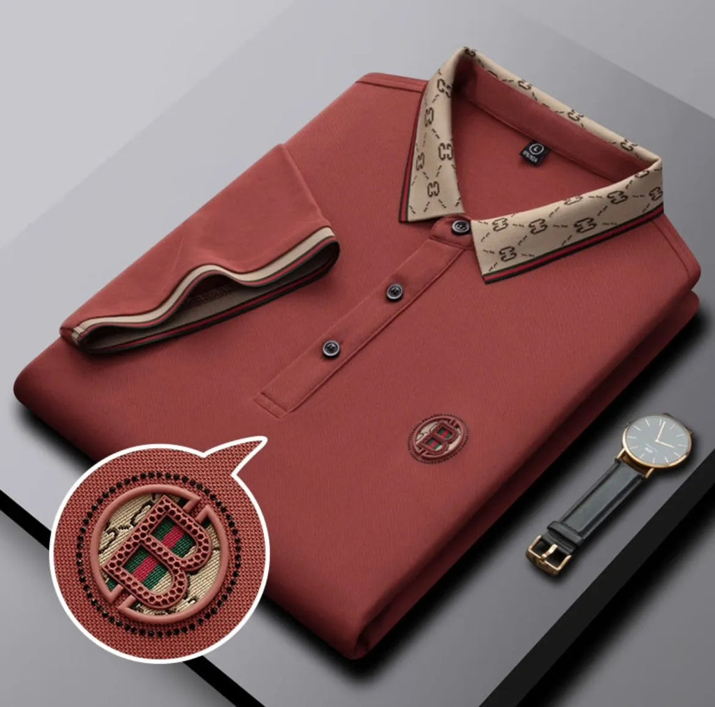 Luxury Beige Polo T-Shirt with Designer Collar & Signature B Emblem