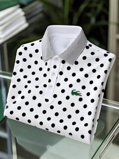 Men’s Classic Business Black and White Polka Dot Logo Button Short Sleeve