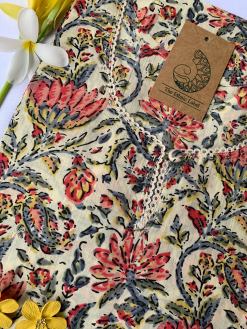 Alternative view of Cream-Red Jaal Hand Block Printed Cotton Kurta - Big Size
