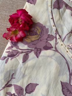Alternative view of Cream Purple "Gold" Angrakha Cotton Kurta - XXL