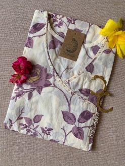 Cream Purple "Gold" Angrakha Cotton Kurta - XXL