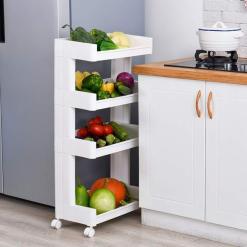 PIYU ENTERPRISE Plastic 4 Tier Kitchen Space Vegetable Storage Folding Saving Organizer Shelf/Shelves/Rack with Wheels White